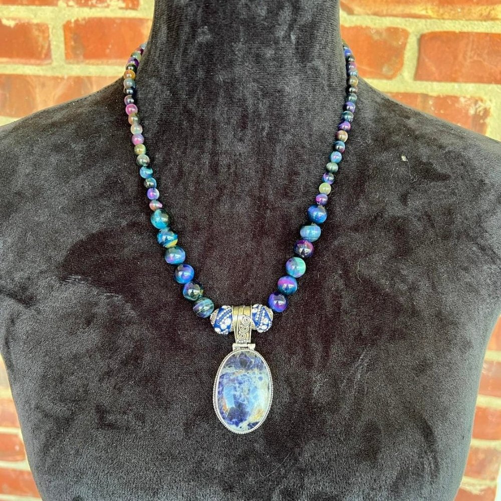 Other Worldly Drama! 925 Sodalite Pendant Surrounded by AAA Galaxy Tigers Eye!